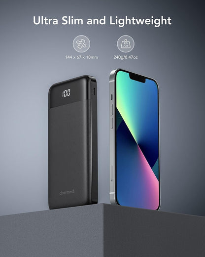 Charmast Power Bank with Built in Cable, 10000mAh USB C Battery Pack 6 Outputs 2 Inputs with LED Display Type C Powerbank Portable Charger Compatible with Smartphones Tablets and More (Black)
