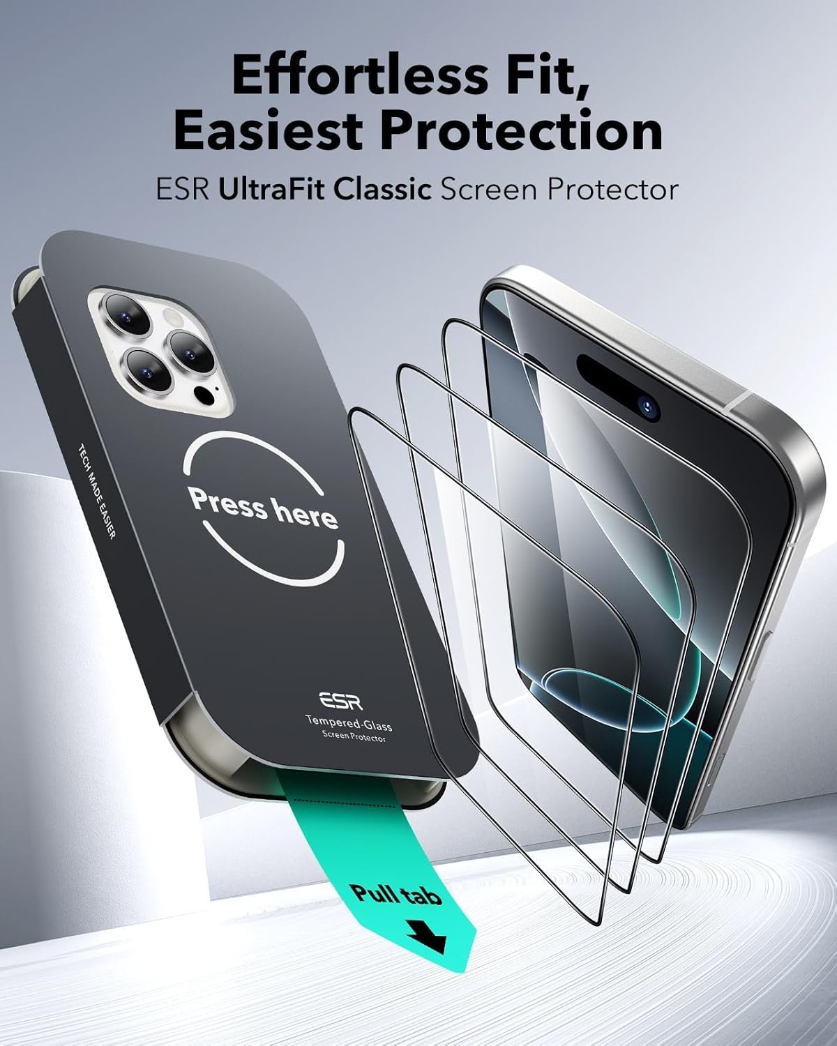 ESR 3 Pack for iPhone 16 Pro Screen Protector, Military Grade Shatterproof, 9H Hardness, Full Coverage Tempered Glass with UltraFit Tray
