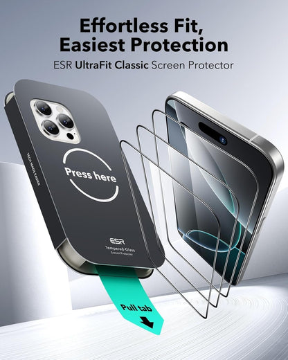 ESR 3 Pack for iPhone 16 Pro Screen Protector, Military Grade Shatterproof, 9H Hardness, Full Coverage Tempered Glass with UltraFit Tray