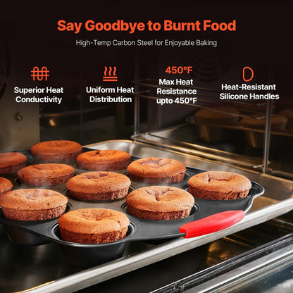 VEVOR Baking Pans Set, 6-Piece, Nonstick Carbon Steel Cookware Sheets & Trays, Stackable Kitchen Oven Bakeware Cooking Sets with Silicone Handles, Easy to Clean, for Baking Cookie Cake Muffin Bread