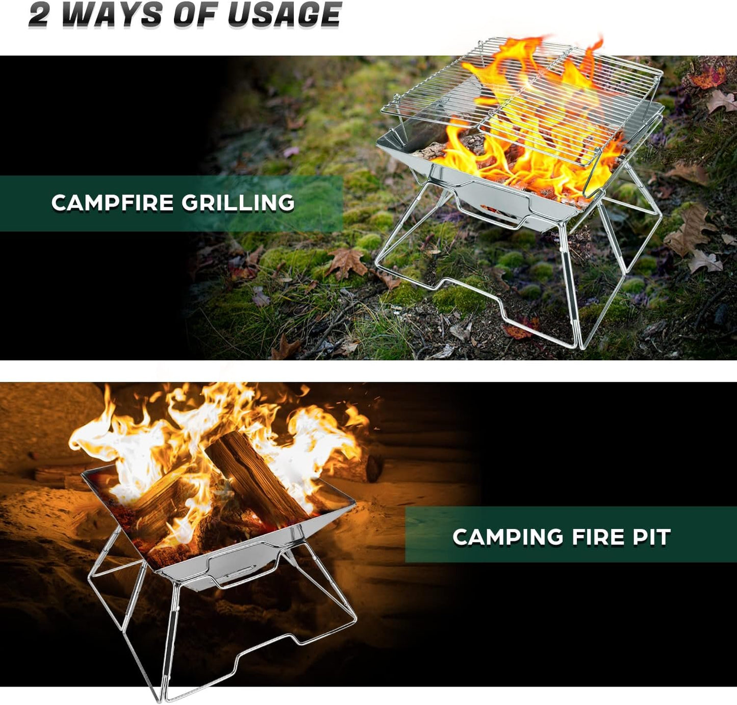 Odoland Collapsible Campfire Grill Camping Fire Pit, 304 Stainless Steel Grill Gate, Portable Camping Grill with Carrying Bag for Outdoor Backpacking Hiking BBQ