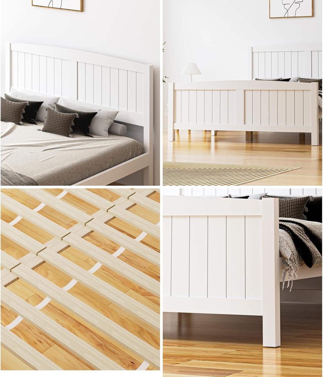 Oikiture Double Bed Frame with Headboards and Footboards Pine Wood Bed Frame Platform Bed, White