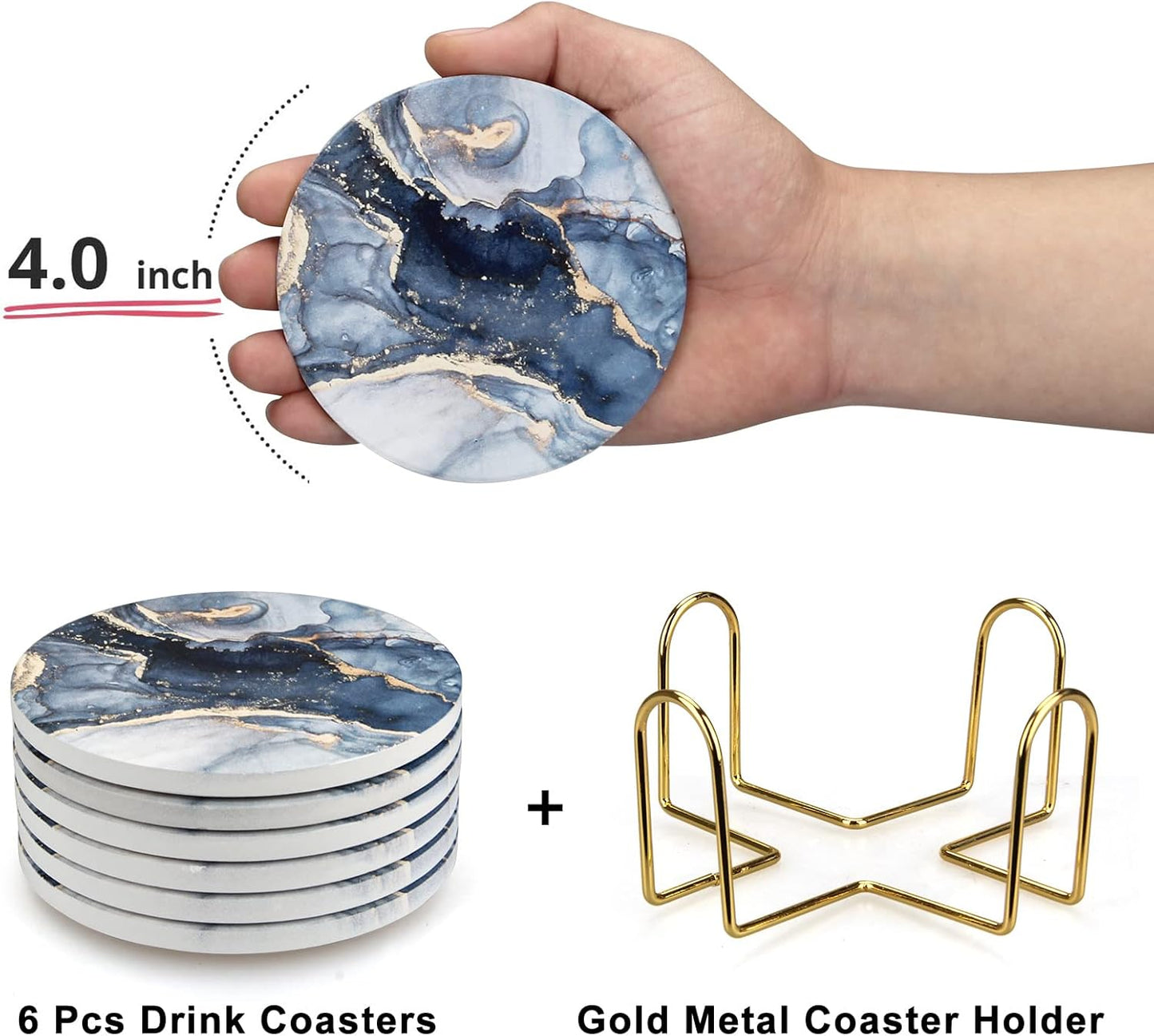 6 Pcs Navy Blue Marble Abstract Ceramic Coasters with Holder Best Absorbent Drink Coasters Round Ceramic Table Coasters Set Decorative Coffee Cup Beverage Coasters Wine Beer Bar Coasters