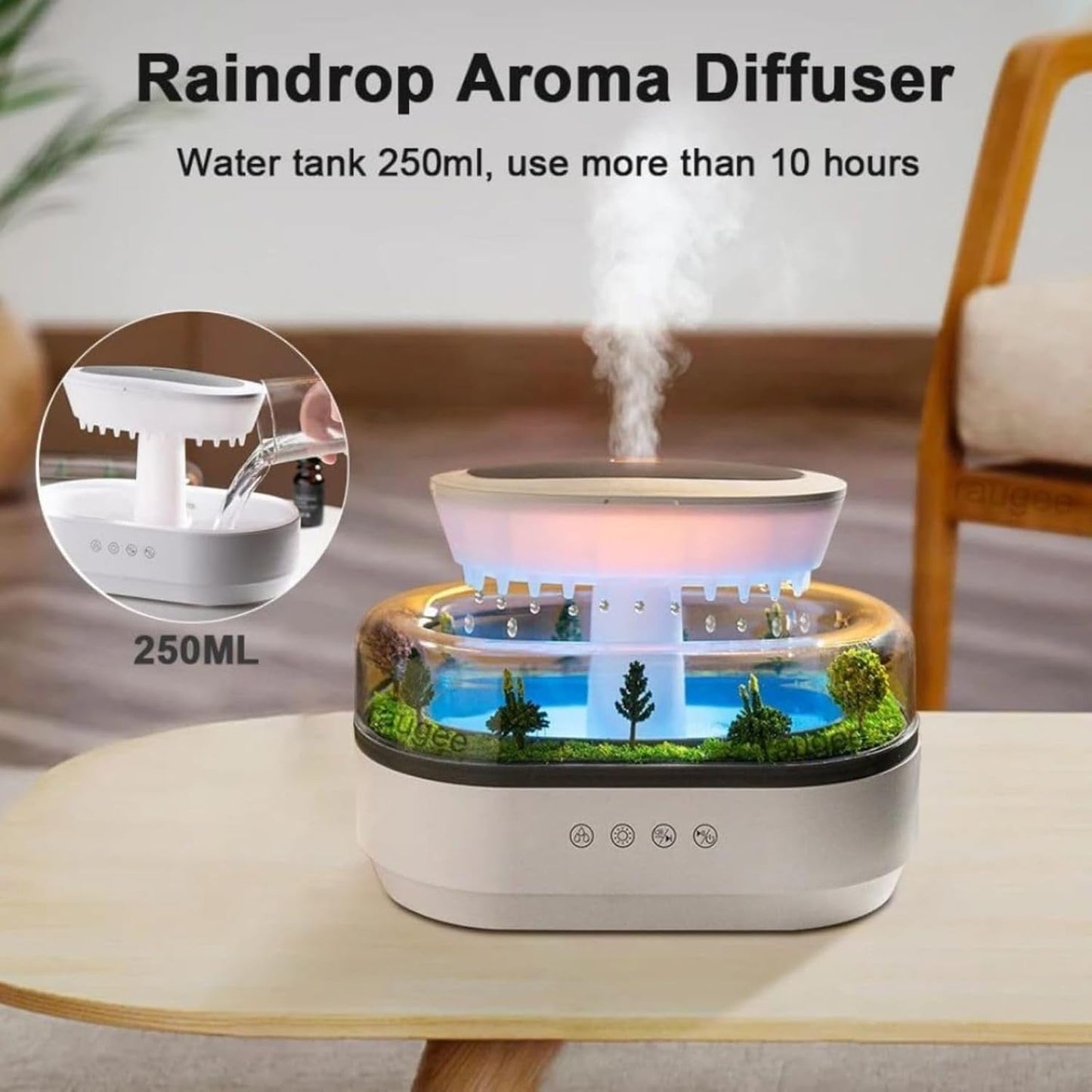 Raindrop Aroma Diffuser – White Noise & Rain Sounds,Garden Decor Essential Oil Diffuser & Cool Mist Humidifier | 250mL, 7 LED Colors, AU Plug