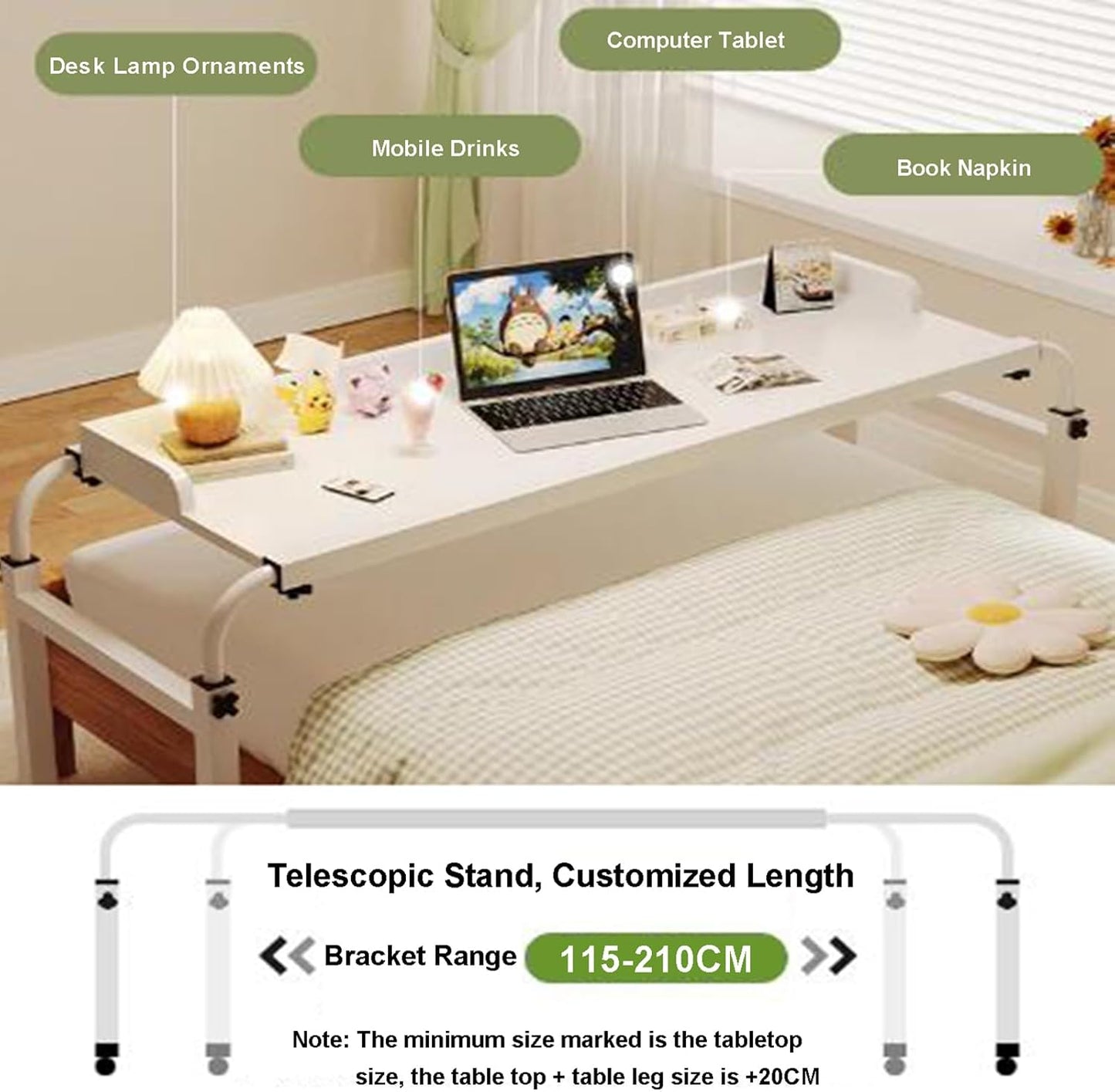 GXQFC Laptop Desk Adjustable Height 65 – 95 cm, Mobile Table 115 × 45 cm Nursing Table Cross Table Bed Sofa for Reading/Breakfast (Colour: Wood)