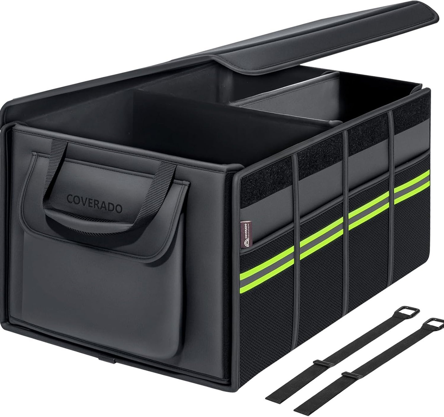 Coverado Car Trunk Organizer - 70L Nappa Leather Trunk Organizer for SUV with Lid, Multi Collapsible Car Storage Organizer Foldable, Multi Compartments with 2 Straps for SUV/Truck