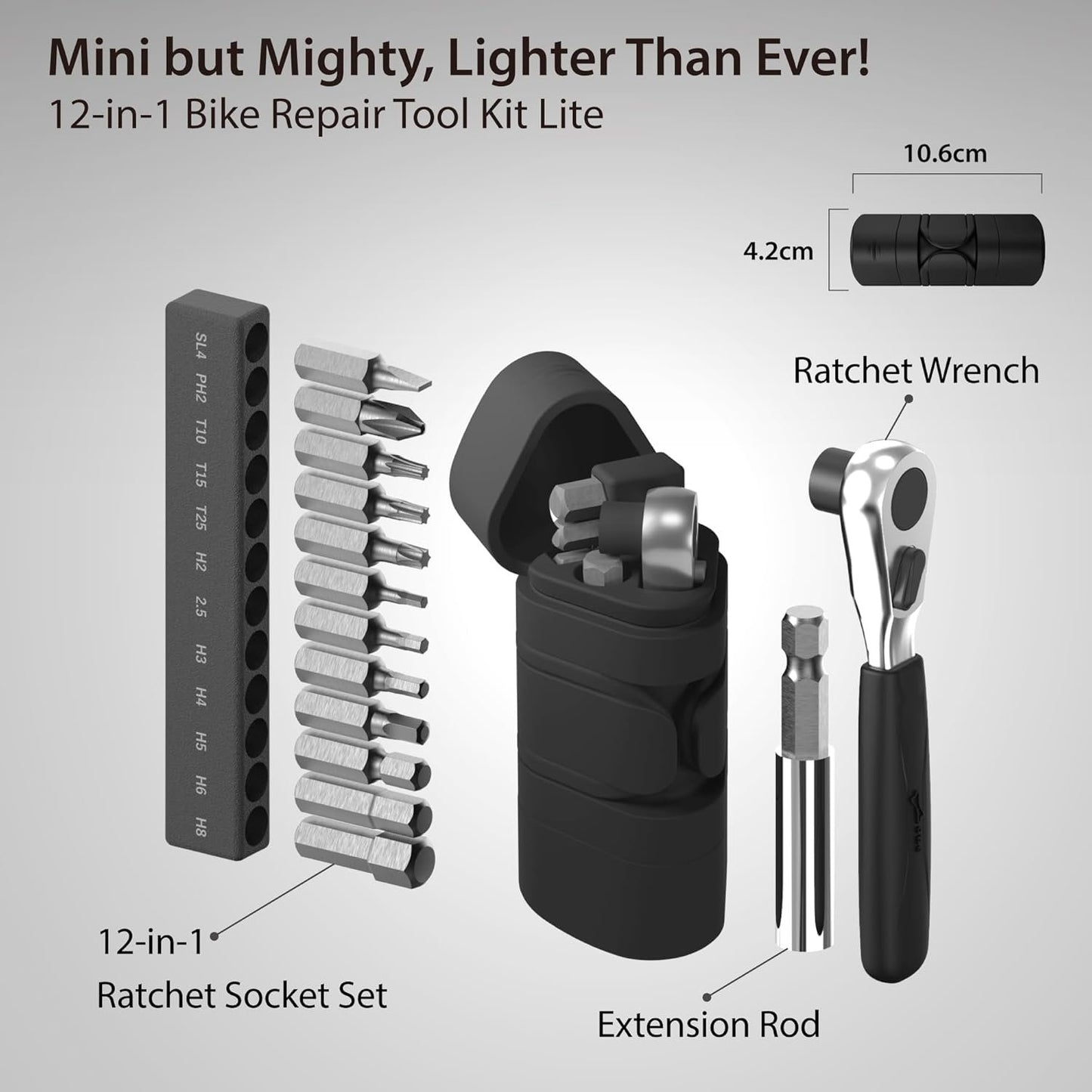 BONE 12-in-1 Portable Bike Tool Kit Lite, Compact Bicycle Maintenance Capsule with Ratchet Wrench Tool Set, Mini Essential Accessories for Bikes and Home, All-in-One Emergency Repair Solution