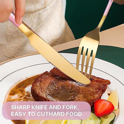 24 Piece Flatware Set, Stainless Steel Cutlery Set with Silverware Holder, Spoons, Forks, and Knives, Utensil Set Service for 6, Gold Mirror Polished and Matte Pink Painted (Pink)