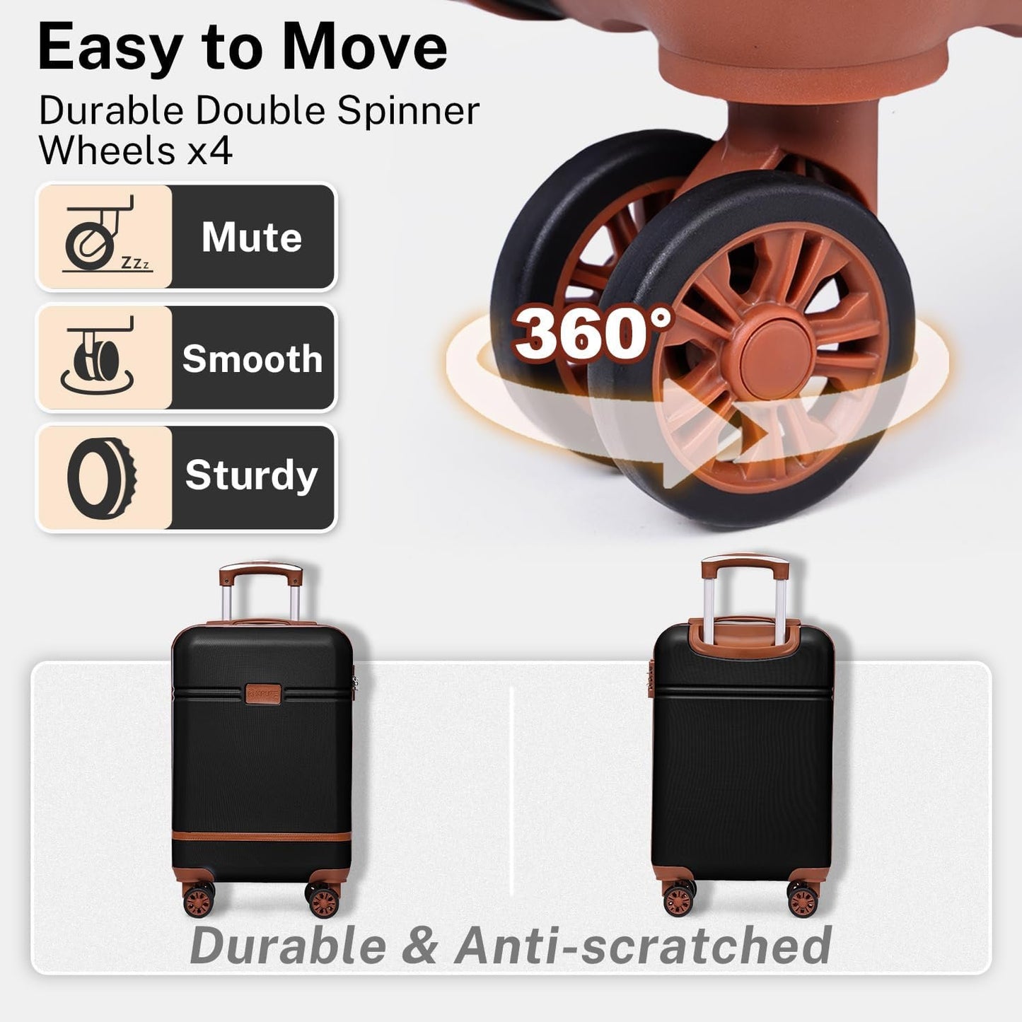 Krute Carry on Luggage PC+ABS Luggage TSA Lock Lightweight Hardshell Suitcase with Wheels 20 Inch (Black-Brown)