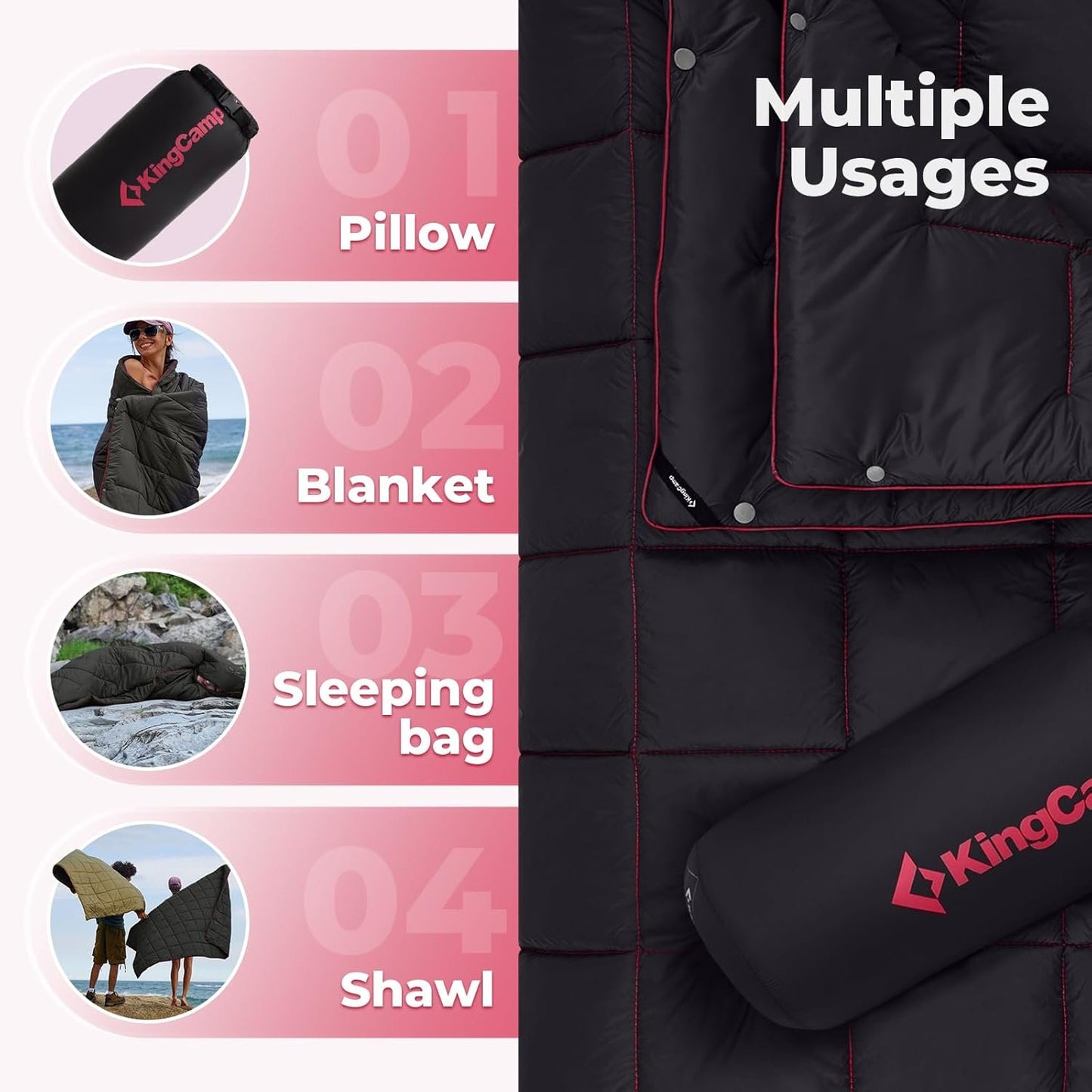 KingCamp Black Packable Lightweight Travel Down Alternative Warm Camping Blanket, Compact Outdoor Water Repellent Blanket for Airplane, Hiking, Backpacking, Stadium, Park