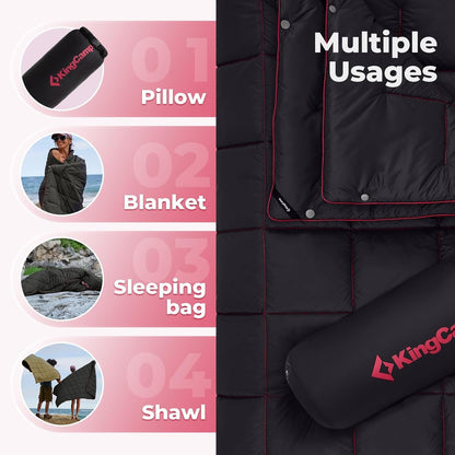 KingCamp Black Packable Lightweight Travel Down Alternative Warm Camping Blanket, Compact Outdoor Water Repellent Blanket for Airplane, Hiking, Backpacking, Stadium, Park