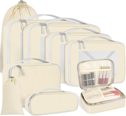 Avmvnvc 9-Piece Suitcase Organiser Set, 9 in 1 Travel Organizer, Space-Saving Suitcase, Travel Cube System for Clothes, Shoes, Cosmetics, Beige