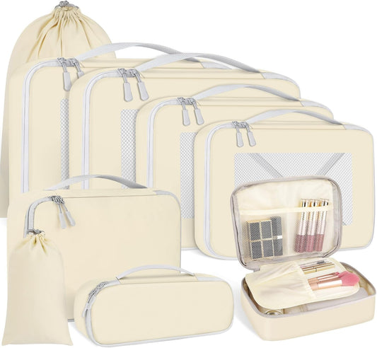 Avmvnvc 9-Piece Suitcase Organiser Set, 9 in 1 Travel Organizer, Space-Saving Suitcase, Travel Cube System for Clothes, Shoes, Cosmetics, Beige