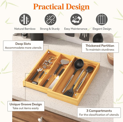 Lifewit Utensil Drawer Organizer, Expendable Cooking Silverware Tray for Kitchen Drawer, Bamboo Adjustable Cutlery Flatware Holder, Spatula Tools and Gadgets Storage Divider, 3 Compartments, Natural