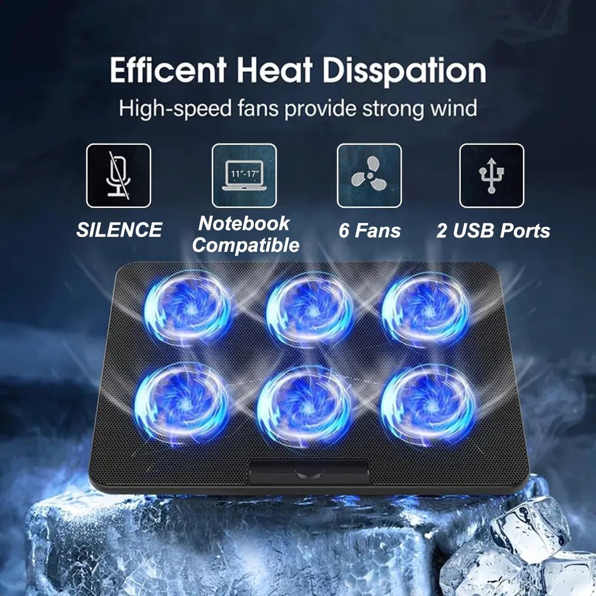 TimeVrinql Portable Computer Stand， 6 Quiet Cooling Fans and 6 Height Adjustable Dual USB Powered Gaming Laptop Cooling Stand for 12-17 Inch Laptop