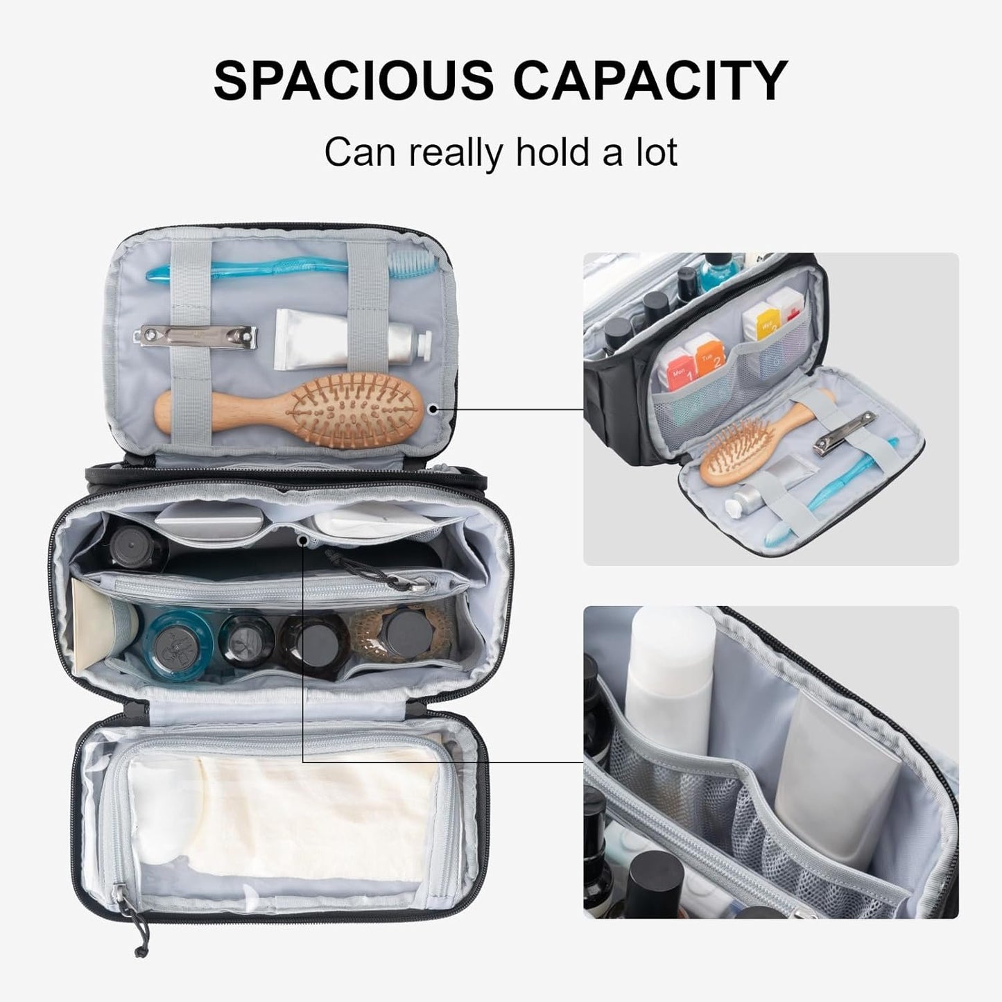 EVERFUN Travel Toiletry Bag for Men and Women Dopp Kit Wide Open Makeup Cosmetic Organizer Water-Resistant Shaving Bag for Toiletries Accessories (Black)