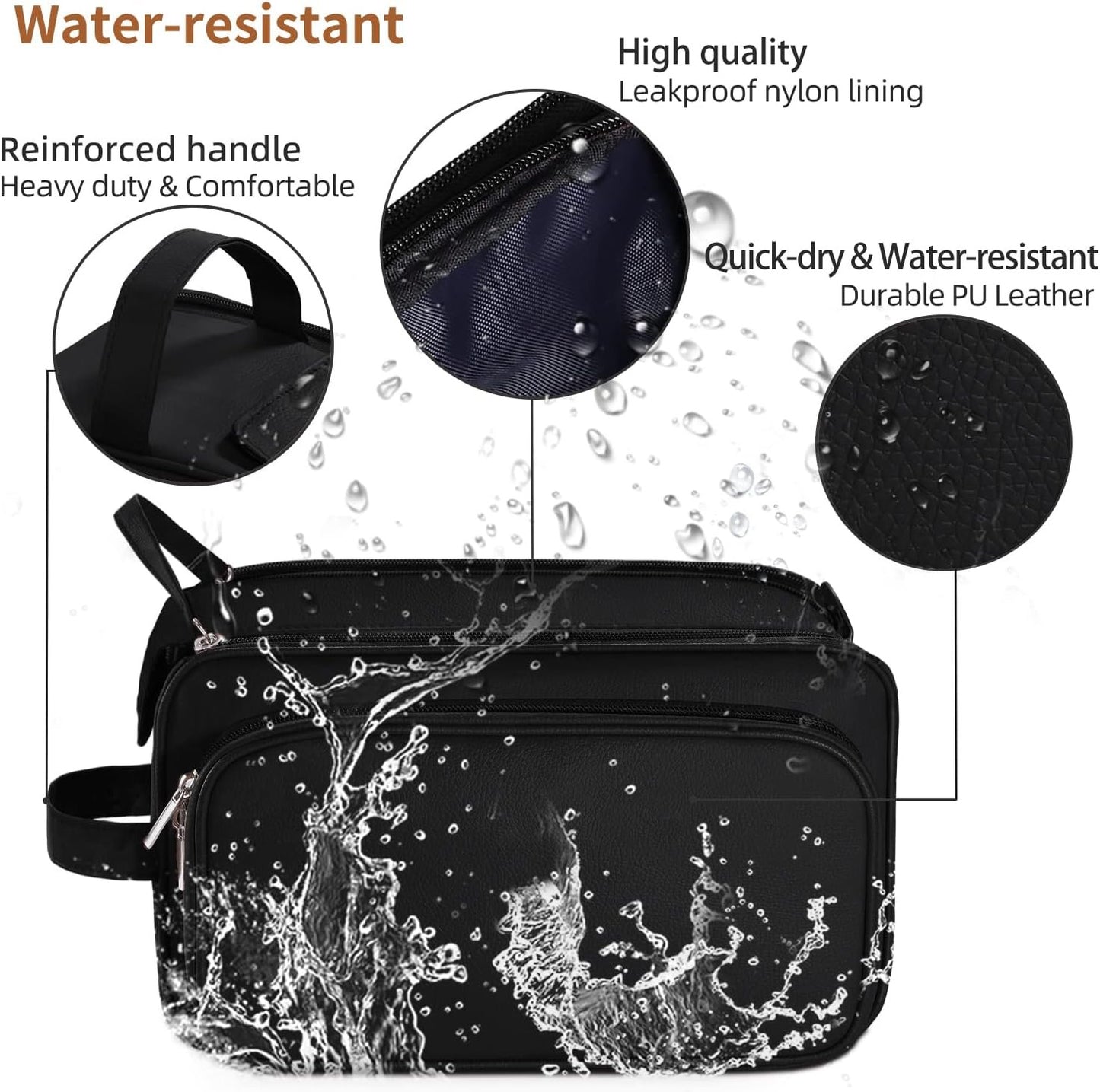 Buruis Large Toiletry Bag for Men & Women, PU Leather Travel Toiletry Organizer, Dopp Kit, Water-resistant, Black, XL, Toiletry Bag