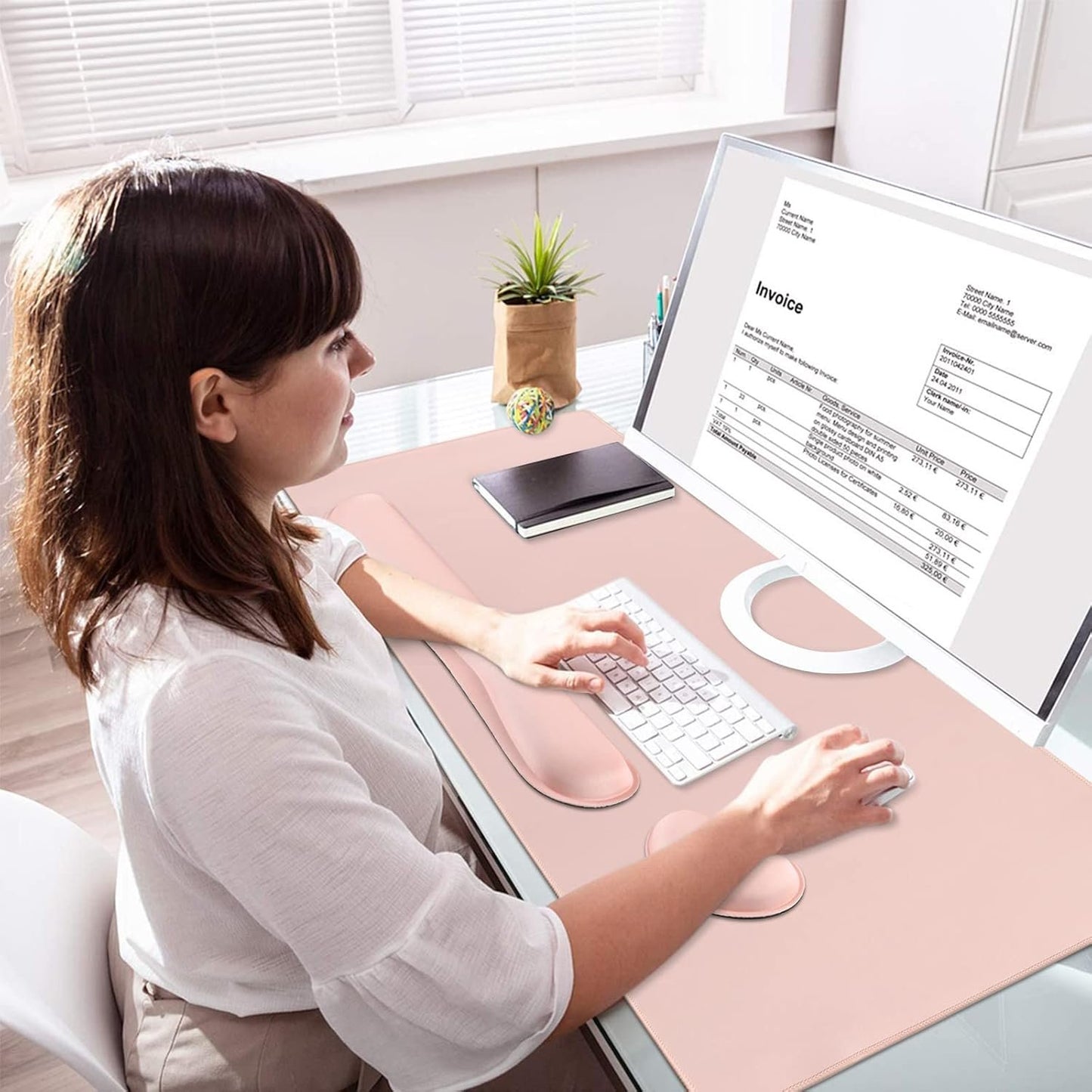 iCasso Mouse Pad Set, Memory Foam Ergonomic Keyboard Mouse Wrist Rest, Extended Desk Pad with Stitched Edges (35.4 x 15.7 inch), Non-Slip Waterproof Mouse Pad for Home Office Study Game (Pink)