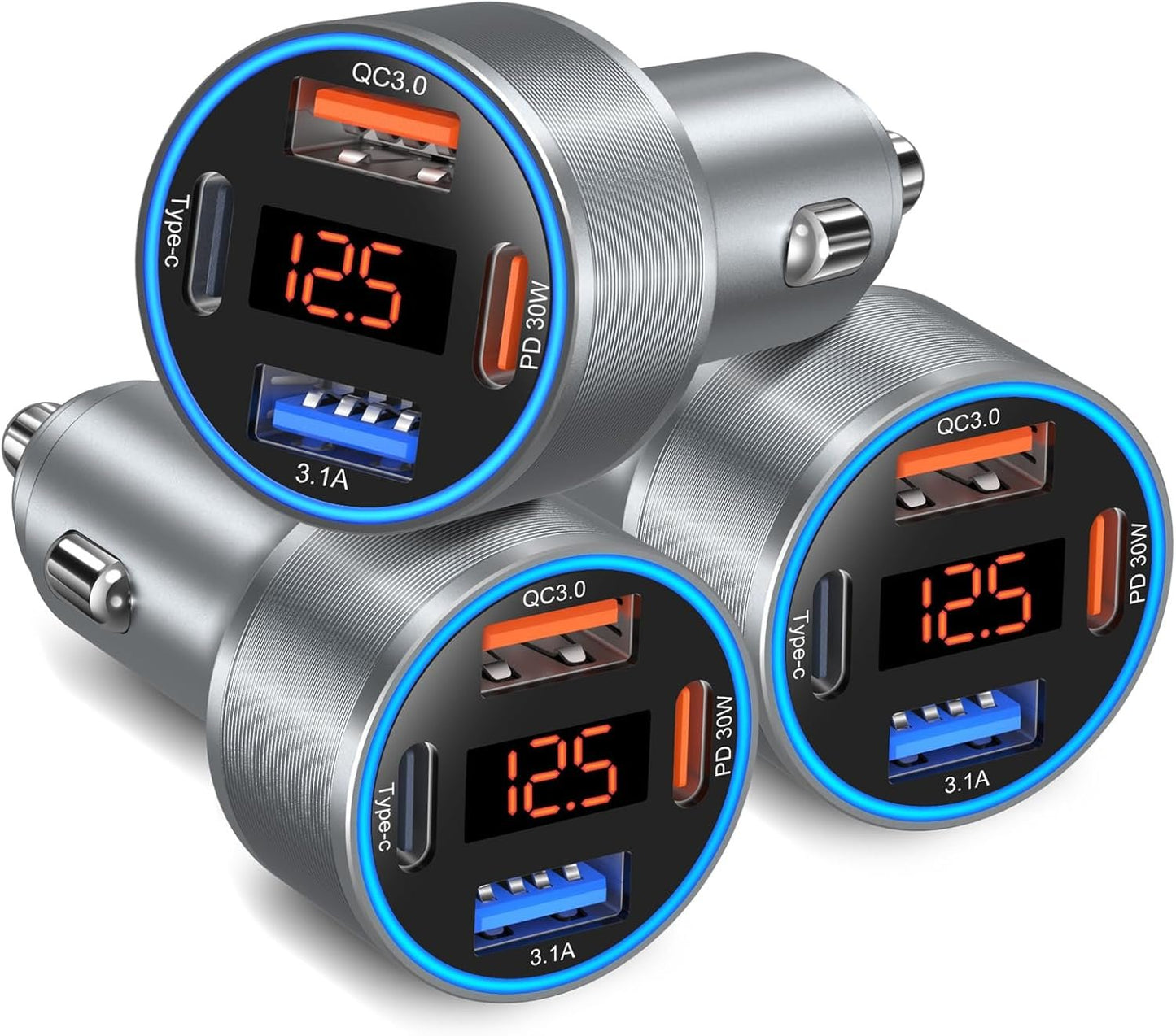 USB Car Charger with Voltage Display, Bangfun 65W 4-Port Dual 12V USB-A & USB C Car Phone Charger PD+QC 3.0 Cigarette Lighter Adapter for iPhone 16e 15 14 13 12 Pro Max, Android(Gray)