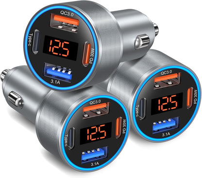USB Car Charger with Voltage Display, Bangfun 65W 4-Port Dual 12V USB-A & USB C Car Phone Charger PD+QC 3.0 Cigarette Lighter Adapter for iPhone 16e 15 14 13 12 Pro Max, Android(Gray)