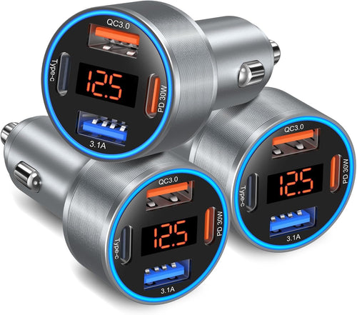 USB Car Charger with Voltage Display, Bangfun 65W 4-Port Dual 12V USB-A & USB C Car Phone Charger PD+QC 3.0 Cigarette Lighter Adapter for iPhone 16e 15 14 13 12 Pro Max, Android(Gray)