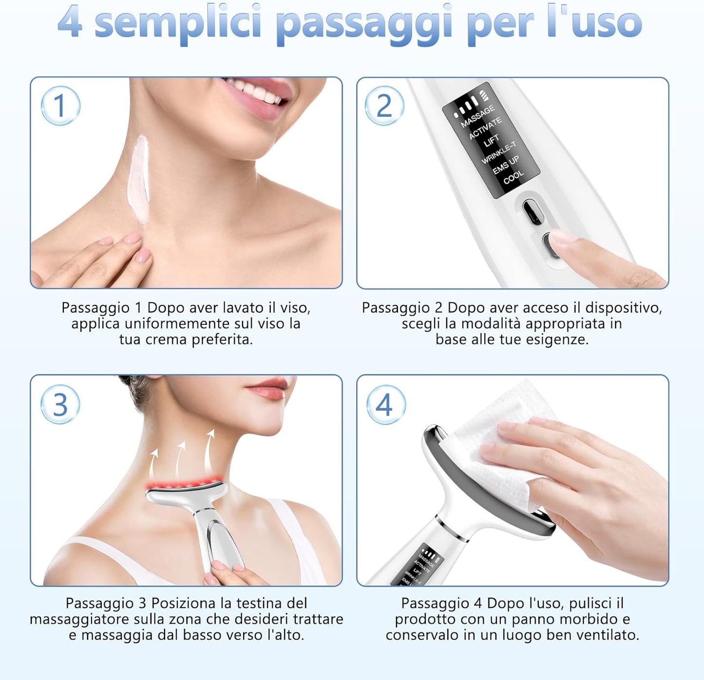 Electric Face Massager, Lifting Face Massager with 6 Modes at 45°C for Anti-Aging, Lifting and Firming Sagging Skin (4 Colour LED Mode - White)