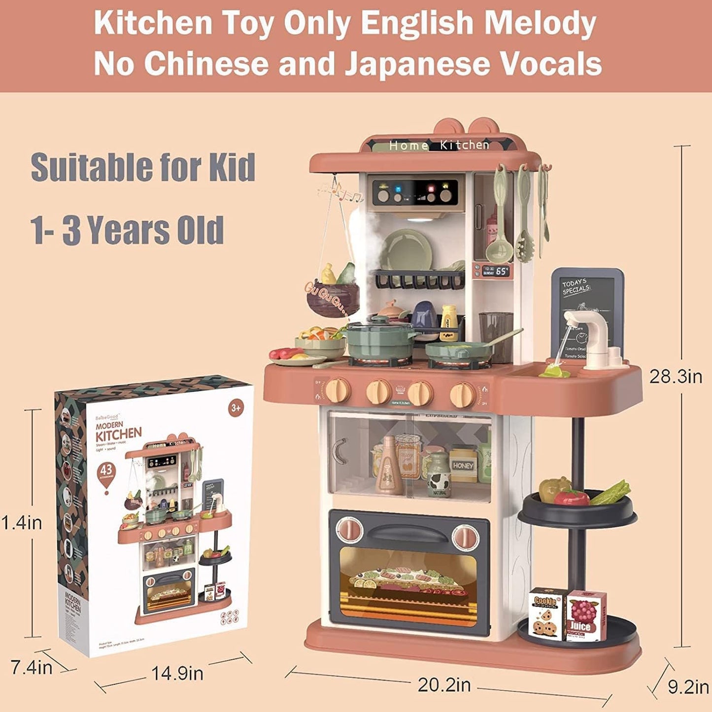 PanKome Kitchen Toy for Kid, Kitchen Playset Pretend Food - Toy Accessories Set w/ Real Sounds & Light, Play Sink, Cooking Stove with Steam, 44 PCS Kitchen Toys for Toddlers Kids, Girls & Boys (Orange)