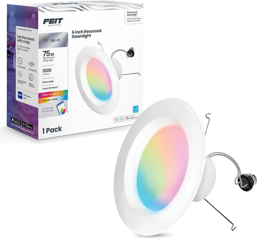 Feit Electric Smart Recessed Downlights, 5-6 Inch, Wi-Fi LED, Dimmable Color-Changing, 1000 Lumens, 11.1W (75W Equivalent), Voice & App Control, Daylight to Soft White, 50,000 Hour Lifespan