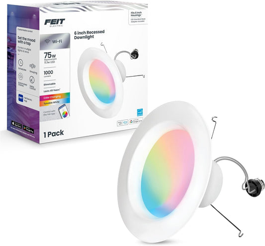 Feit Electric Smart Recessed Downlights, 5-6 Inch, Wi-Fi LED, Dimmable Color-Changing, 1000 Lumens, 11.1W (75W Equivalent), Voice & App Control, Daylight to Soft White, 50,000 Hour Lifespan