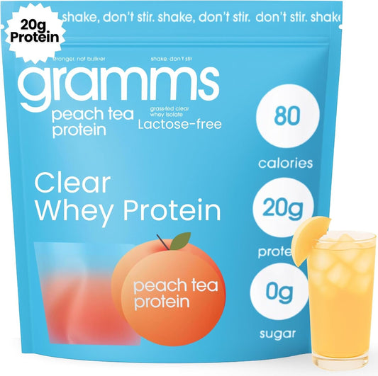 GRAMMS Clear Protein Powder, 18 Servings – 20g Grass-Fed Whey Isolate, Third-Party Lab Tested, Zero Sugar, Zero Lactose, Non-Bloating, Non-GMO, Protein for Women – Light & Refreshing Peach Tea Flavor