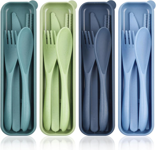 4 Sets Portable Utensils Set with Case, Travel Camping Cutlery Set, Colorful Cutlery Set Chopsticks Fork Spoon Knife with Case, Flatware Sets for Kids Adults, Camping Eating Utensils Sets