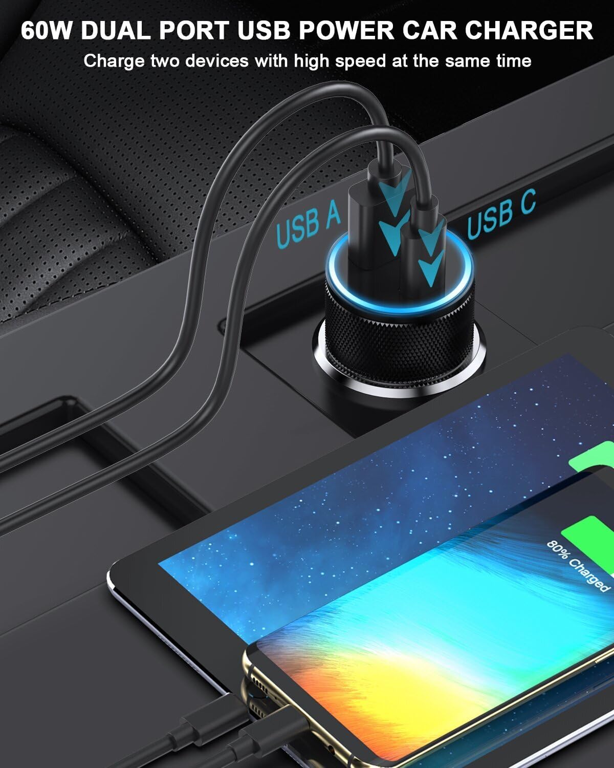 Car Charger C 60W, USB Car Cigarette Lighter Adapter PD&QC3.0 Quick Charge Car Phone Charger with USB C Cable for Samsung Galaxy S25 S24 S23 S22 S21, iPhone 16 15 Pro Max/Plus