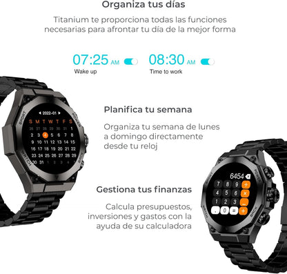 KSIX Titanium Smart Watch for Men, Sports Watch, Calls and Notifications, Steel and Silicone Strap, AMOLED Display, Health and Sports Monitor, Voice Assistant, Autonomy 7 Days, Black, black, Standard