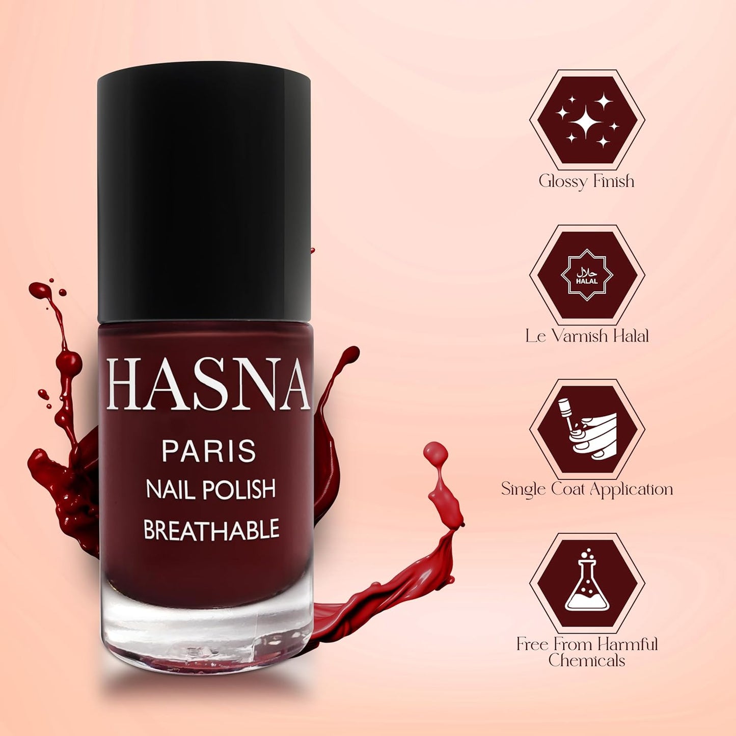 HASNA PARIS Halal Nail Polish - Eco Responsible - Shine and Long Lasting - Easy to Apply - 5 ml (BORDEAUX)