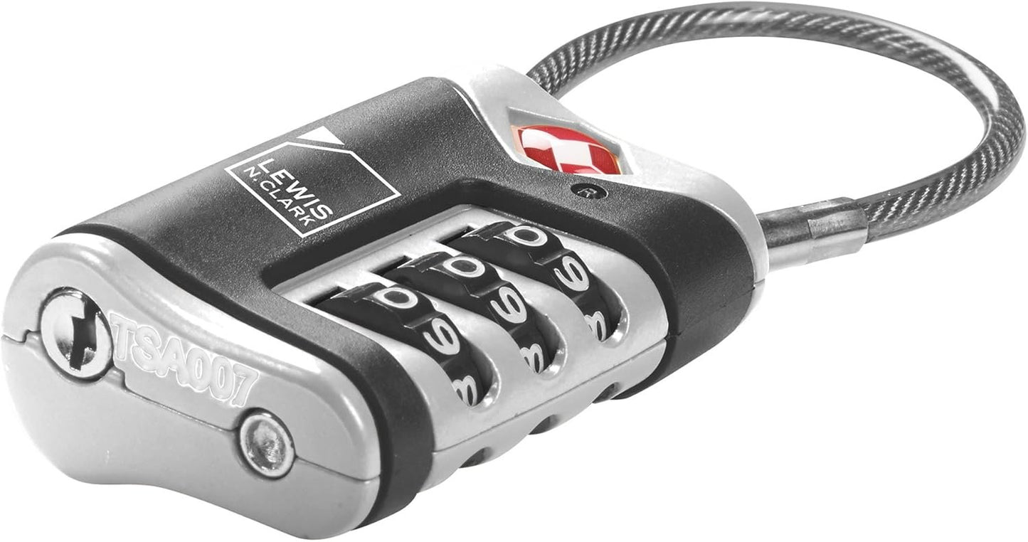 Lewis N. Clark TSA-Approved Easy-to-Set Combination Luggage Lock with Steel Cable, Black, Black, Taglia Unica
