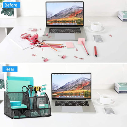 OKPOW Mesh Desk Organiser,Multi-Use Desk Tidy & Pen Holder with 6 storage and 1 Slide Drawer,Stationary Organiser for School,Home,Office desktop supplies (Black)