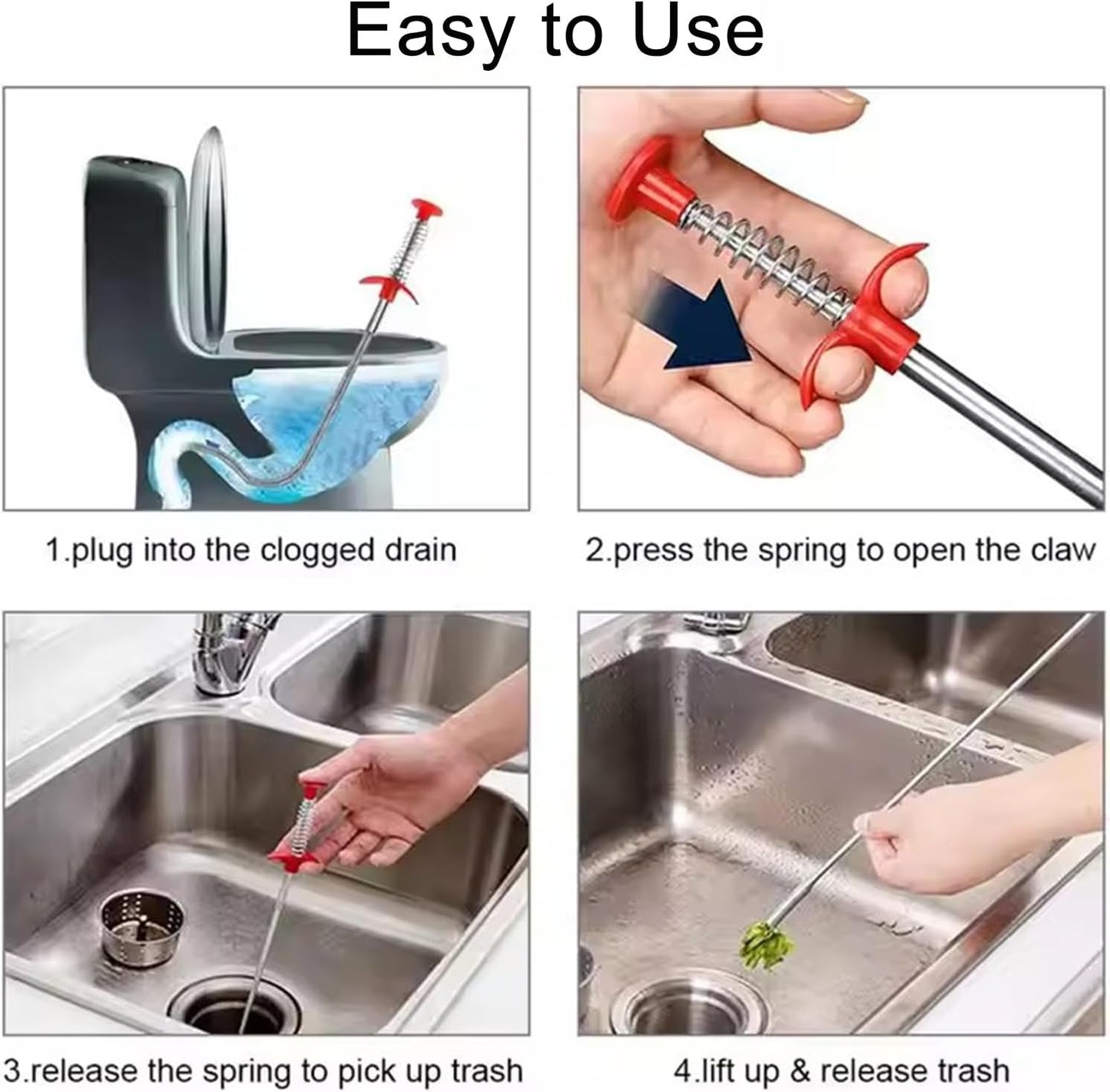 Professional Drain Cleaning Kit - Heavy Duty Pipe Snake, Auger, and Plunger Set for Clogged Sink, Shower, Bathtub, and Toilet - Essential Plumbing Tools for Homeowners (10, Multicolor)