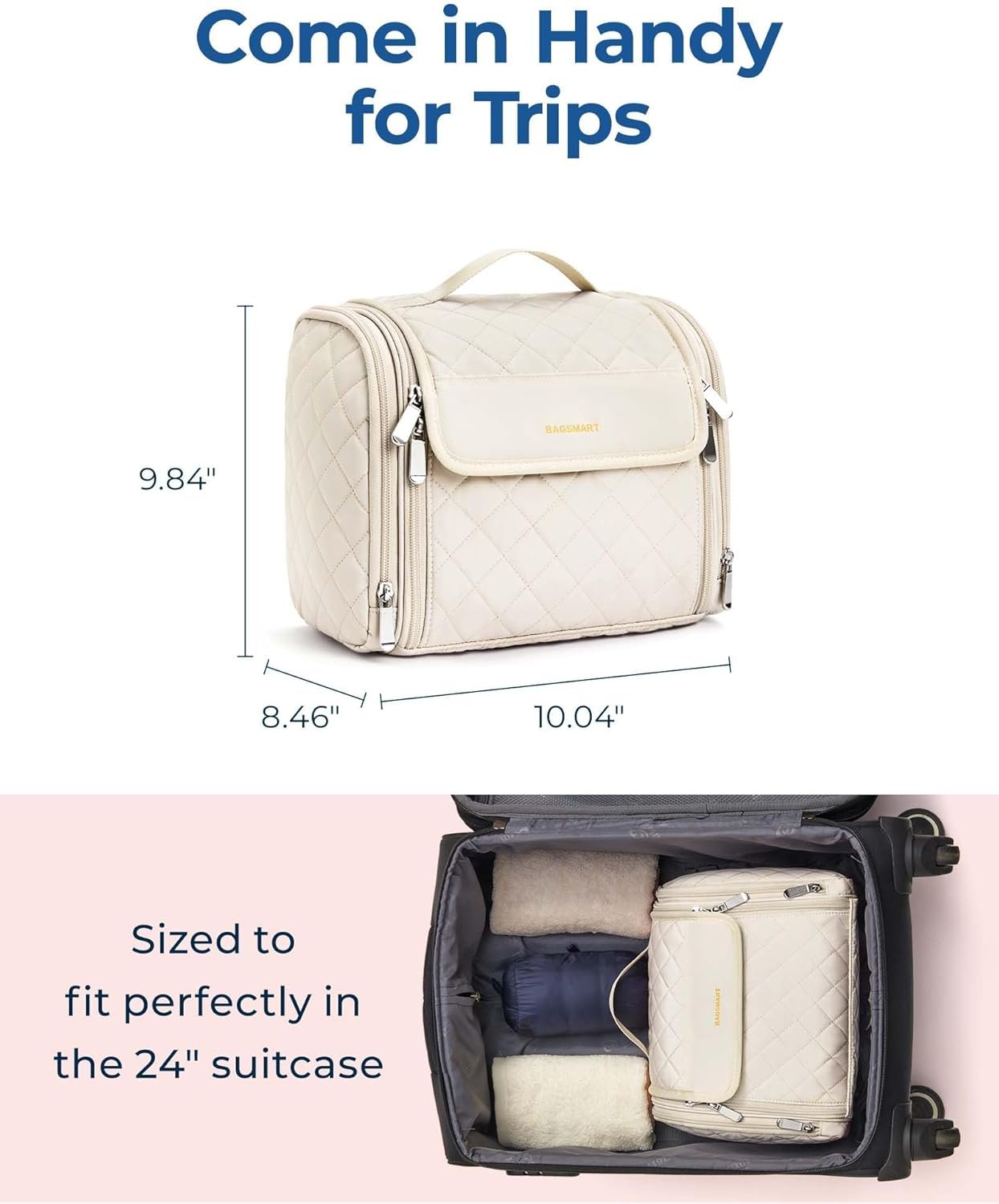 BAGSMART Travel Makeup Bag, Cosmetic Bag Make Up Organizer Case, Large Capacity Water-Resistant Organizer for Toiletries Accessories Brushes Sponge, with Hanging Hook and Handle, Beige