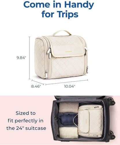 BAGSMART Travel Makeup Bag, Cosmetic Bag Make Up Organizer Case, Large Capacity Water-Resistant Organizer for Toiletries Accessories Brushes Sponge, with Hanging Hook and Handle, Beige