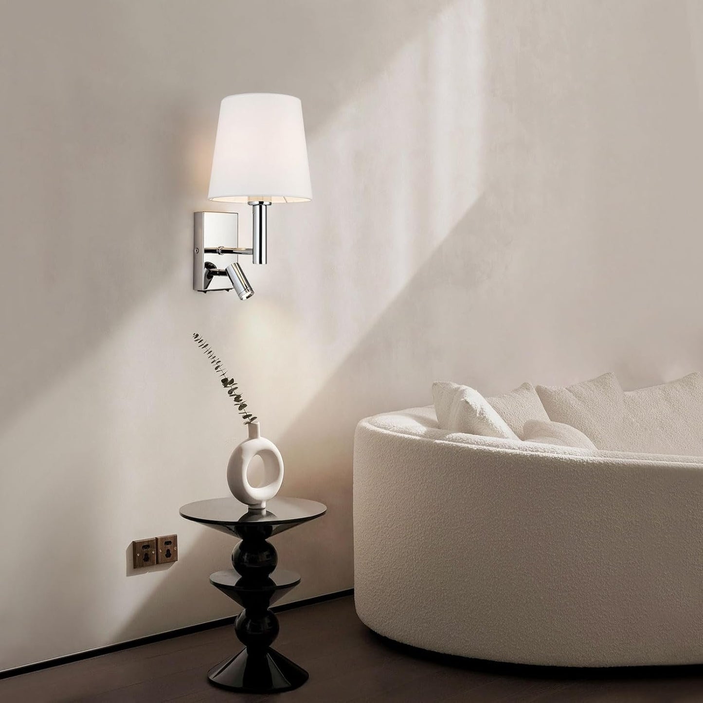 HARPER LIVING 1xE27/ES Up Down Wall Adjustable LED Reading Light, 1 USB Port and 2 On/Off Switches, Finish, Fabric (Cylinder Shade), Metal, Polished Chrome and White