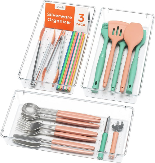 Lifewit Silverware Drawer Organizer, 5.75" x 11.65" Clear Utensil Tray for Kitchen Drawer, Stackable Plastic Flatware and Cutlery Storage Box Divider for Spoons Forks Knives Tools, 3 Pack