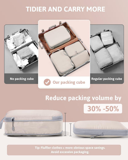 Meowoo 4-Piece Packing Cubes Compression Organiser - XL, L, 2×M - Space-Saving Travel Organizer for Suitcases - Travel Useful Accessories - Ideal for Holidays and Narrow Spaces - Beige