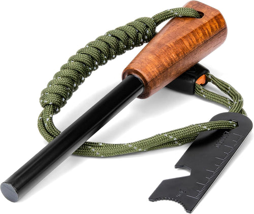 Fire Starter Survival Tool - Handmade Wooden Handle 3/8"" Thick Ferro Rod with Striker and Umbrella Rope Waterproof Iron Rod Flint and Steel Fire Starter Kit