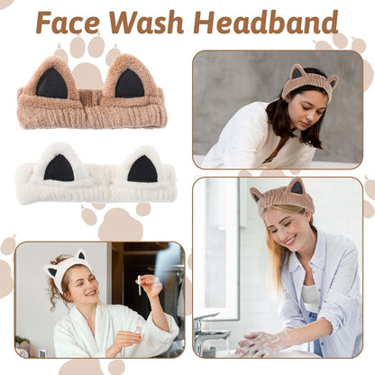 PalqwinduX 2Pcs Cat Ears Spa Headbands for Washing Face Makeup Skincare, Soft Coral Fleece Facial Wash Hair Accessories, Cute Animal Elastic Headband, Fuzzy Cartoon Hair Bands, Hairs Holder for Women