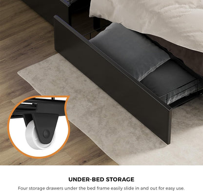 Oikiture Queen Size Bed Frame with 5 LED Open Display Shelves and 4 Drawers Metal Queen Bed with Bed Head Black