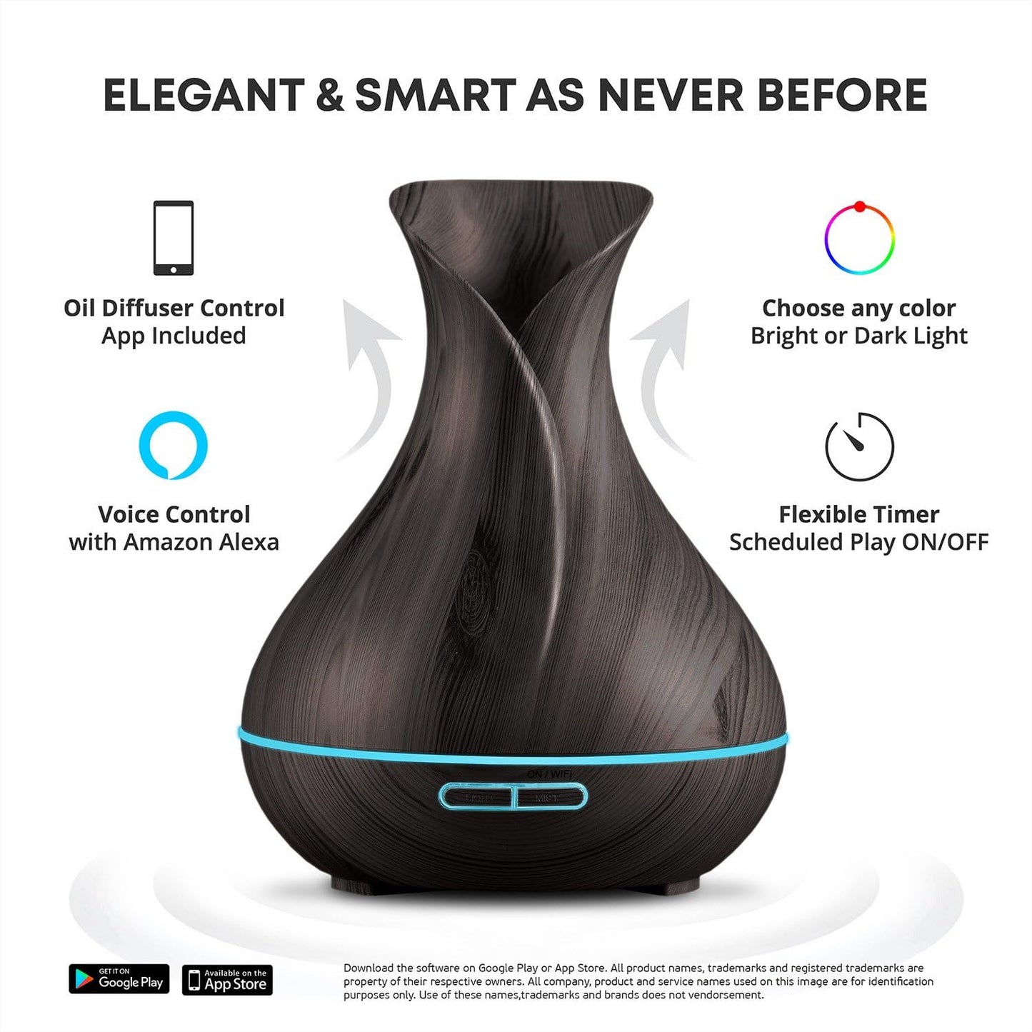 Smart WiFi Wireless Essential Oil Aromatherapy 400ml Ultrasonic Diffuser & Humidifier with Alexa & Google Home Phone App & Voice Control - Create Schedules - LED & Timer Settings Dark Brown Visit the Sierra Modern Home Store