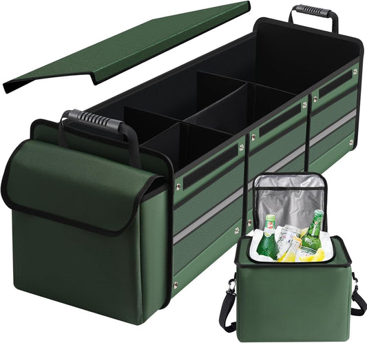 Car Trunk Organizer,115L Heavy Duty Collapsible Trunk Storage, with Insulated Leakproof Cooler Bag Vehicle Cargo Organizer with Lid, 3 Compartments, Straps For Car,Suv,Jeep,Sedan-Green