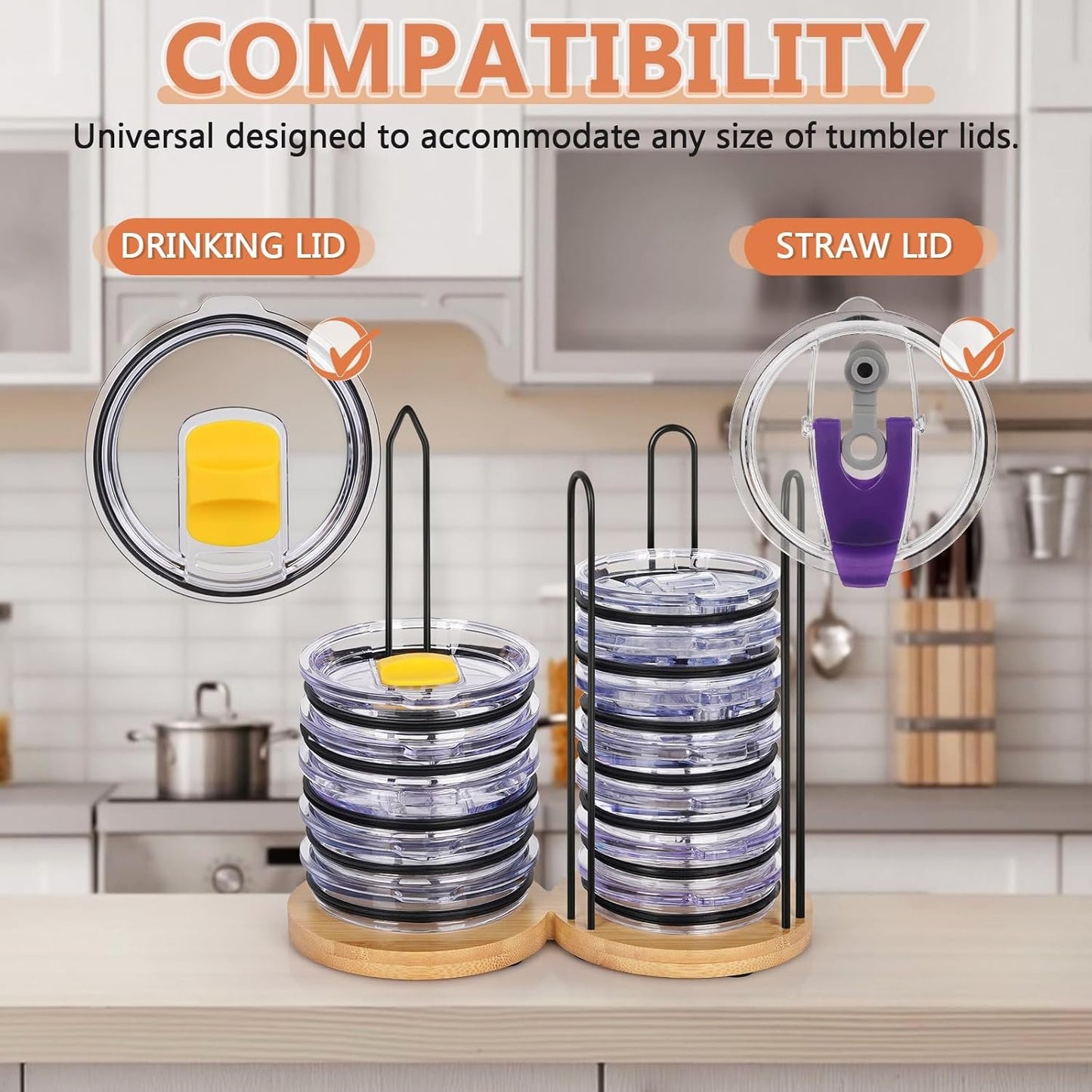 Jolensoy 2 IN 1 Tumbler Lid Stacker, Bamboo & Iron, Up to 20 Lids, Space-Saving Vertical Storage, Kitchen Cabinet & Countertop Organization