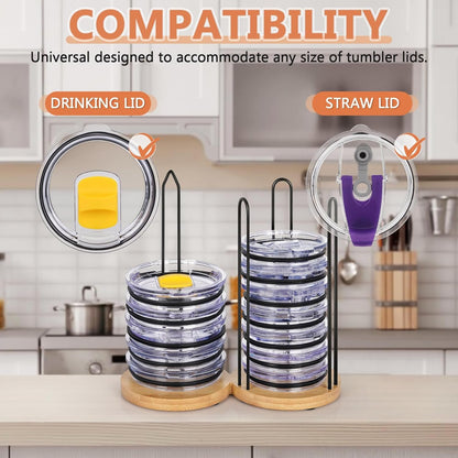 Jolensoy 2 IN 1 Tumbler Lid Stacker, Bamboo & Iron, Up to 20 Lids, Space-Saving Vertical Storage, Kitchen Cabinet & Countertop Organization