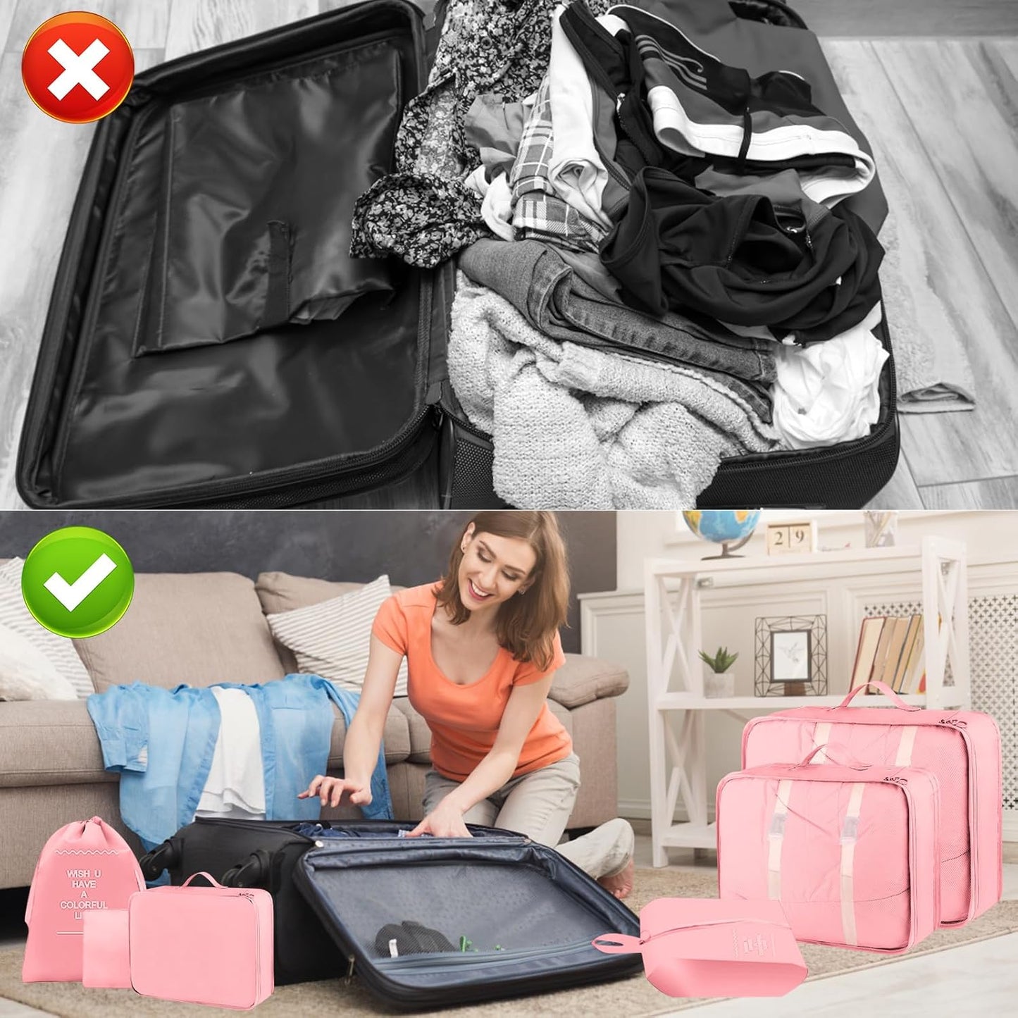 RISVOWO 7 Pieces Packing Cubes, Suitcase Organizer, Travel Suitcase Organizer, Travel Organizer, Storage Bag Organizer, Storage Suitcase Set, for Clothes, Shoes, Cosmetics (Pink)